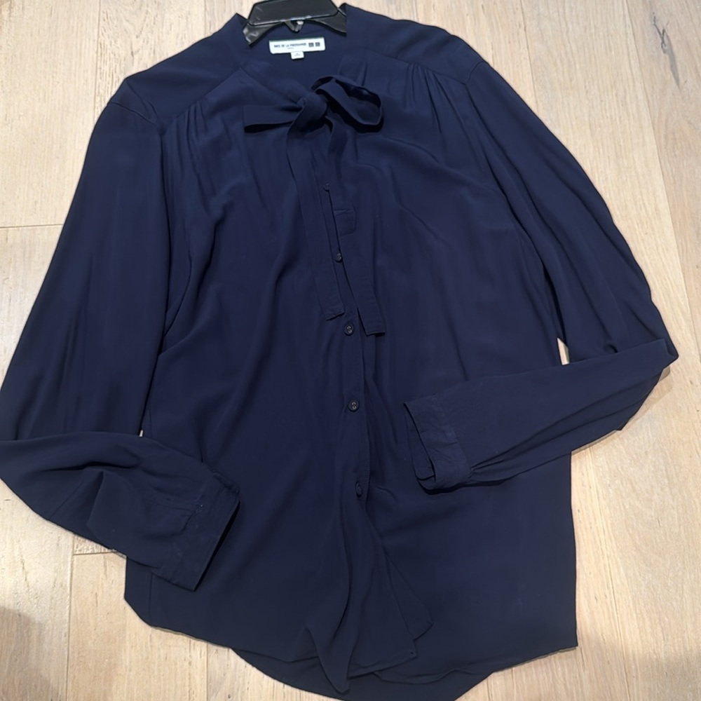Uniqlo x Ines de la Fressange Crepe Tie Long Sleeve Blouse Shirt Navy Medium